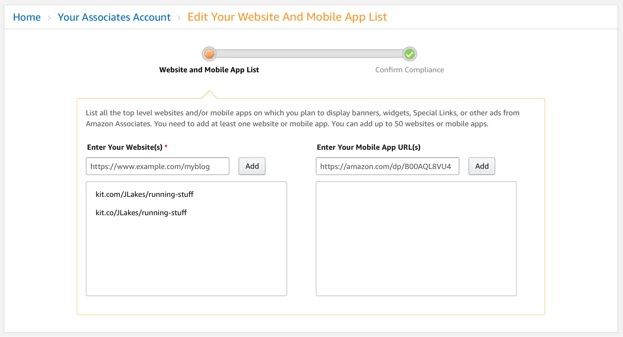 Edit your website and mobile app list